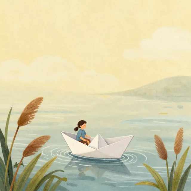An illustrated episode frame: a paper boat drifting past golden reeds.