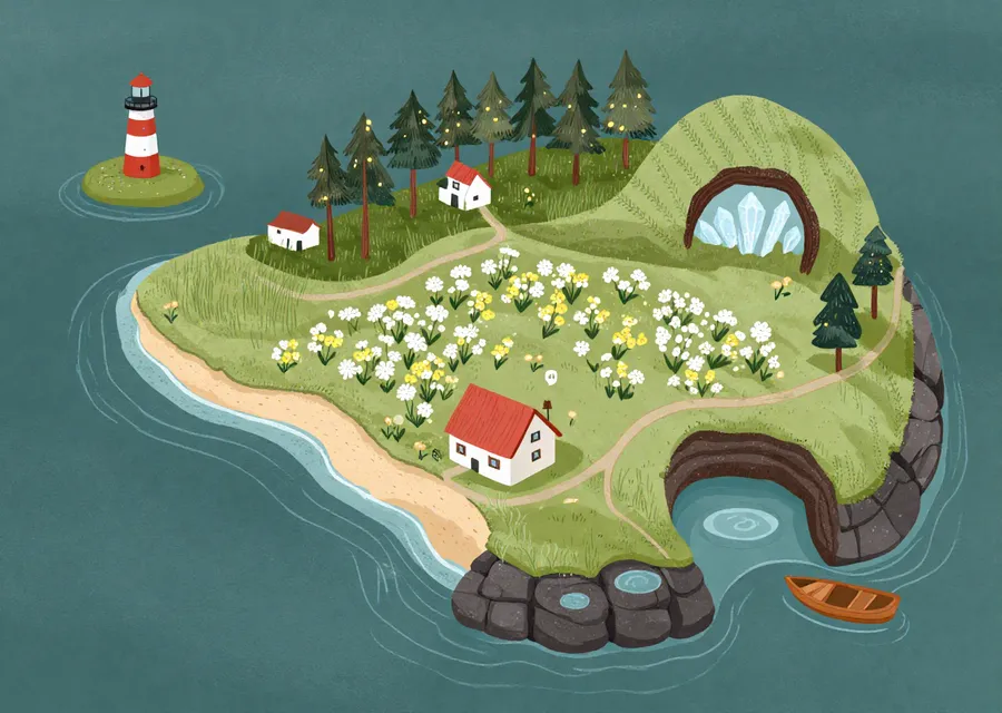 A painted island map: footpaths, cottages, a crystal cave, a lighthouse skerry.