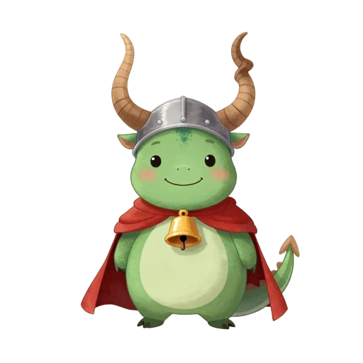 Sir Wobbles, a small knight-dragon with a crooked horn and a red cape.